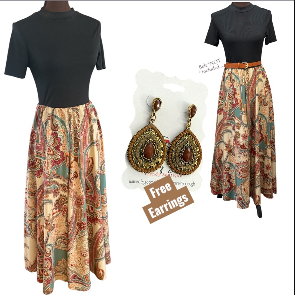 Maxi Dress, Paisley Dress w/Black Ribbed Short Sleeve Top, Dress & Earring Set